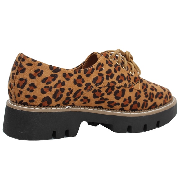 Tan Leopard Lace Up Oxford Loafer Shoes - Picture 3 of 6